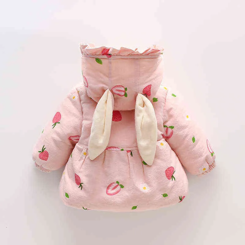 6-36 Months Baby Girls Coat Winter Thick Warm Newborn Clothes Cute Rabbit Ears Sweet Strawberry Printed Baby Coat Birthday Gift J220718