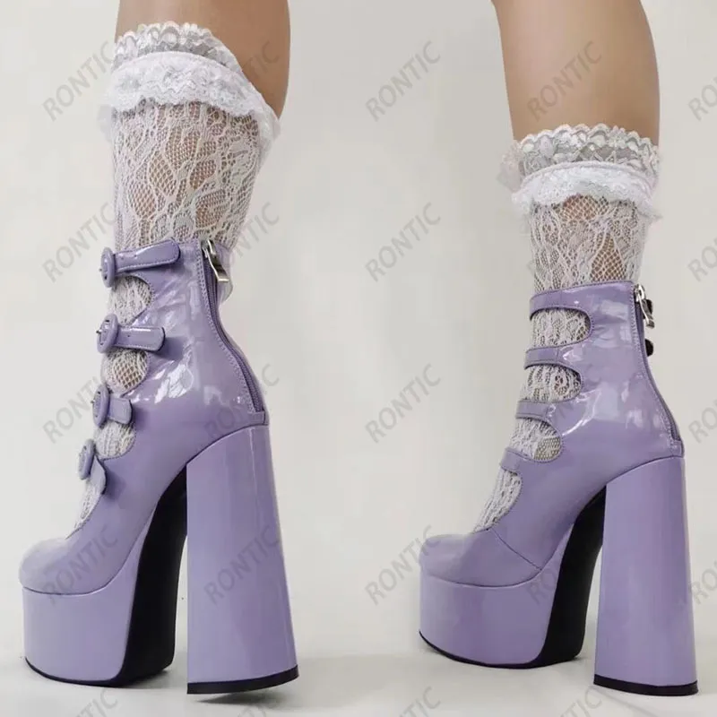 RONTIC handgemaakte vrouwen platform enkellaarsjes patent dikke hakken ronde neus mooie violet roze witte jurk schoenen US maat 5-15