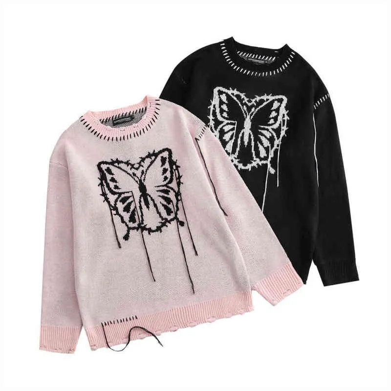 2021 Dark Streetwear Butterfly Jacquard Tassel Men Hip Hop Sweater Sweater Punk Women Pullover Gothic Suceter Maschulino T220730