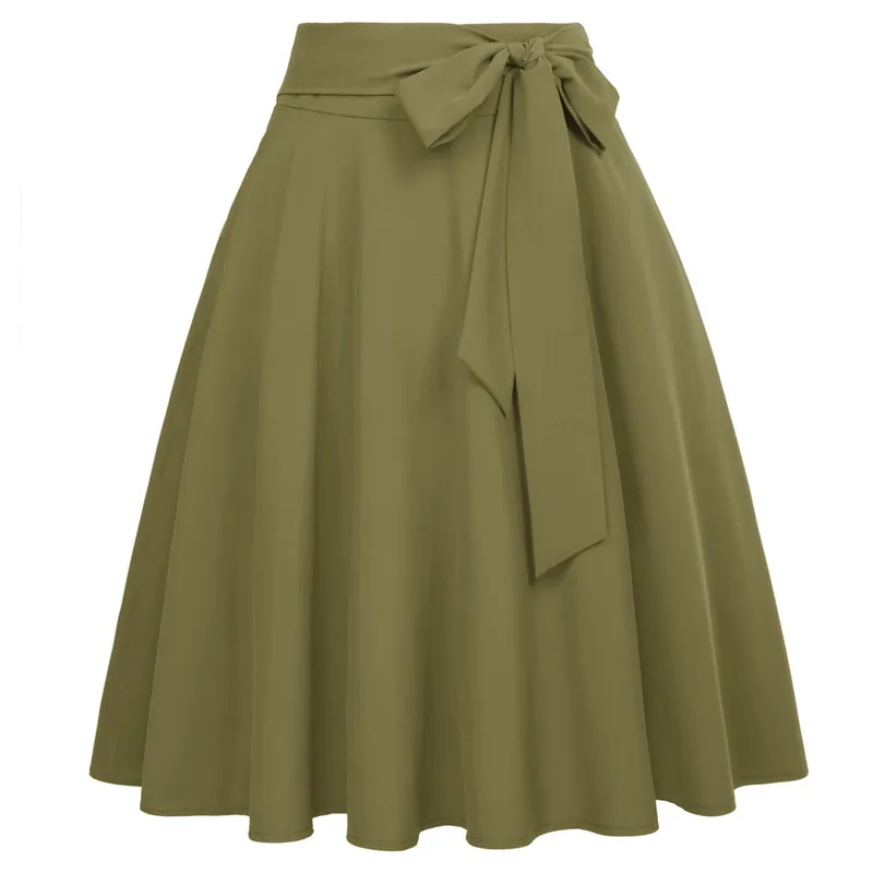 Belle époque femmes jupes été couleur unie taille haute auto-cravate nœud-noeud embelli a-ligne rétro décontracté longueur au genou 220401