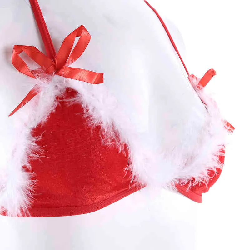 Nouveau Femmes Sexy Santa Lingerie Ensemble Fausse Fourrure De Noël Nuisettes Soutien-Gorge String String Chapeau Bandage Exotique Ensemble Avec Plume L220727