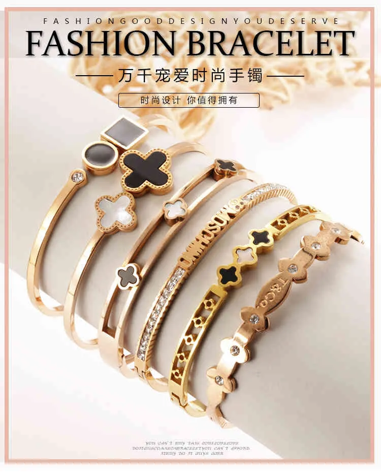 Stainless Steel Open Bracelet Girls Golden Lucky Grass Diamond Bracelet Jewelry Famous Brand