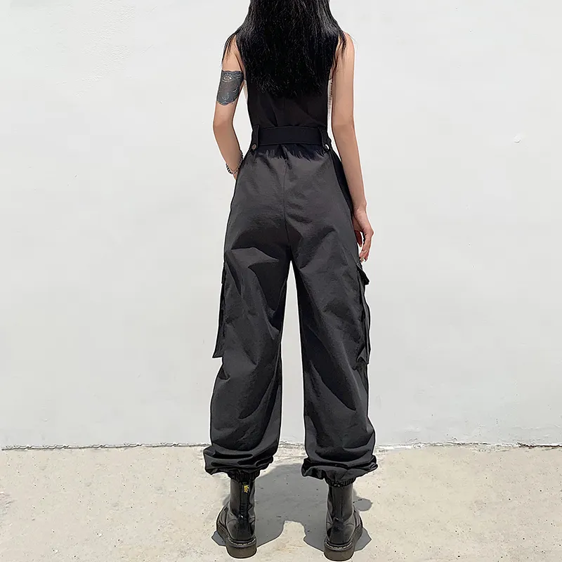 Rockmore Gothic Black Overalls Cargo Pants Sling Bow Belt Dungarees Wide Leg Casual Trousers Oversized 220325