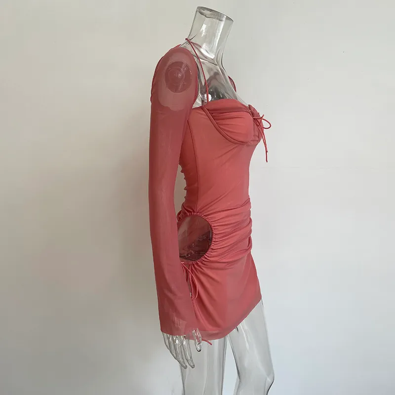 xllais wholesaleアイテムフレア長袖ピンクのドレスファッションスクエアカラー包帯ローブセクシーなカットアウトパーティークラブベスティドス220608