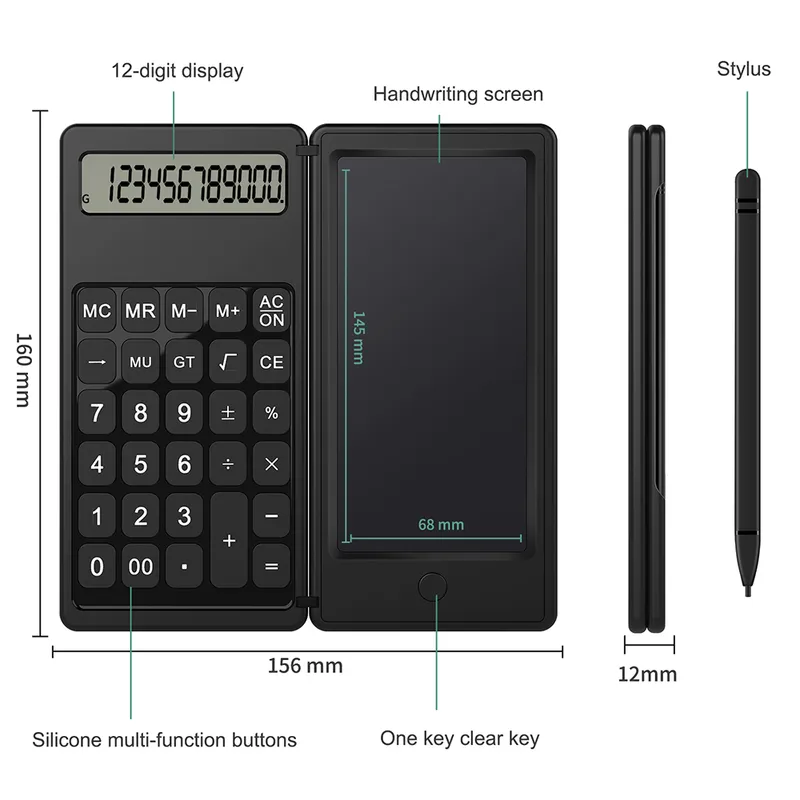 Vaorlo Foldable Calculator 6インチLCDライティングタブレットデジタルドローイングパッド12桁スタイラスペンの消去ボタンロック付きディスプレイ220510