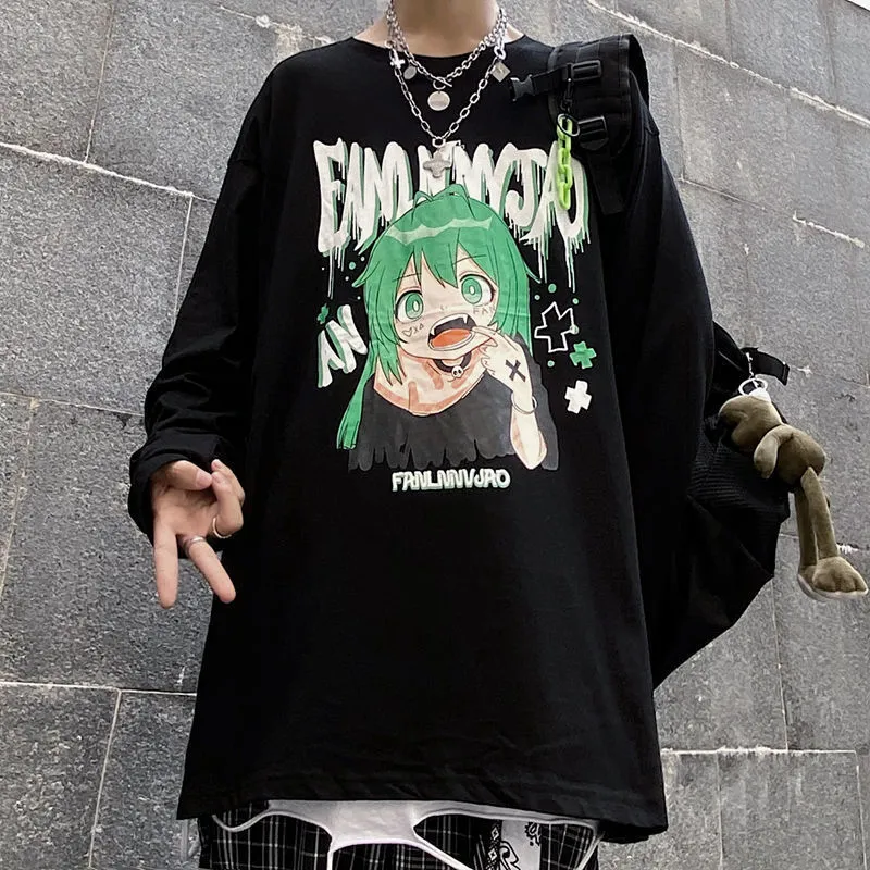 Harajuku oversize homens manga longa outono camiseta gótico preto retro ulzzang aconchegante moda streetwear solto plus size hip hop tops 220708