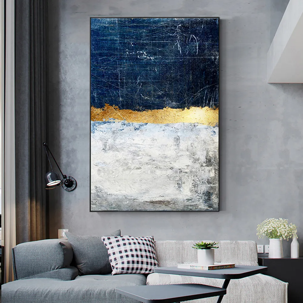 Abstraktes Goldblock-Blau-Leinwand-Poster und Druck, Gemälde, moderne goldene Wandkunst, nordisches Marineblau, Bild für Wohnzimmer-Dekoration