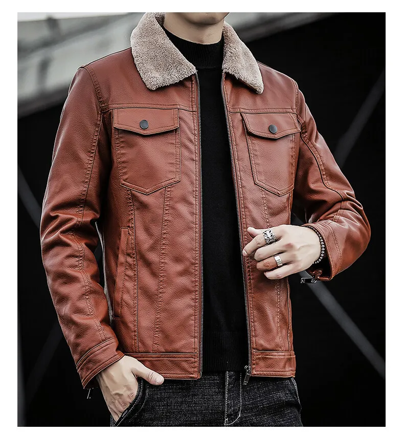 Толстая мужская кожаная куртка зимняя осень мотоцикл Fashion Faux Fur воротник ветропроницаемый теплый флиш Men 220804