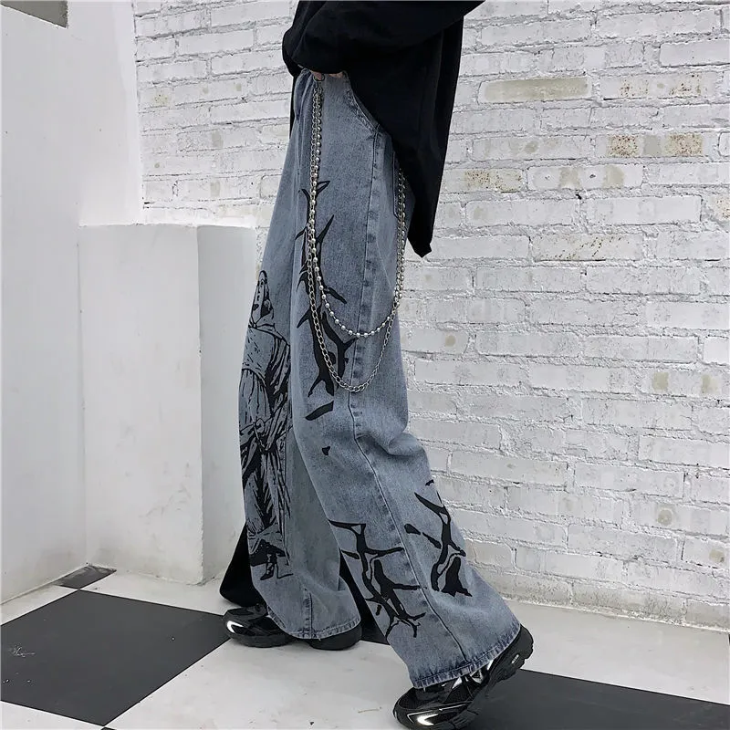 Harajuku kvinnor jeans byxor streetwear tryckt hippie denim pant koreansk bred ben vintage lösa byxor kvinna 220402