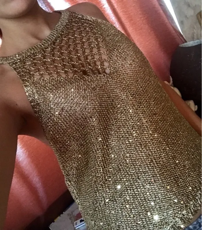 Summer sexy hollow out knitted camis women shiny bling sequined tanks tops sequins gold 220325