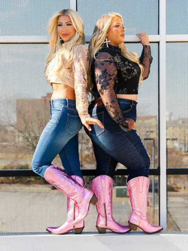 Cowboy roze cowgirl -laarzen voor vrouwen zip geborduurde puntige teen chunky hiel midden kalf westerse laarzen shinny schoenen 2208089851910