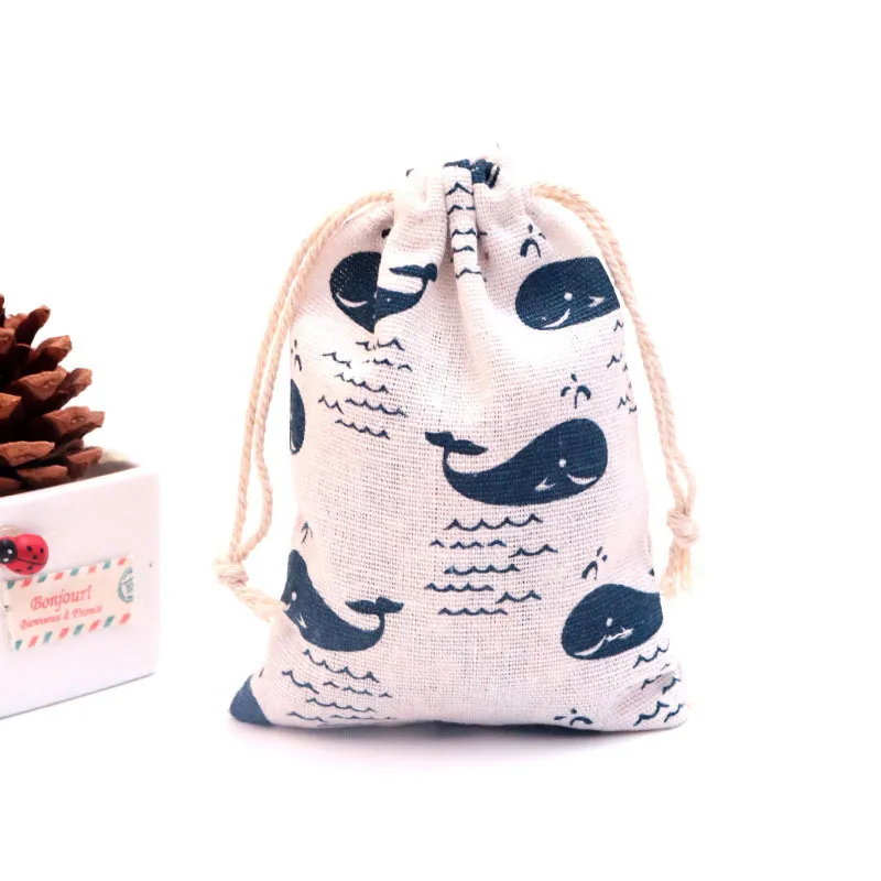 10x14cm Linen Printed Cotton Gift Bags Packing Jewelry Drawstring Pouch Cosmetic Wedding Candy Wrappling Reusable 220427