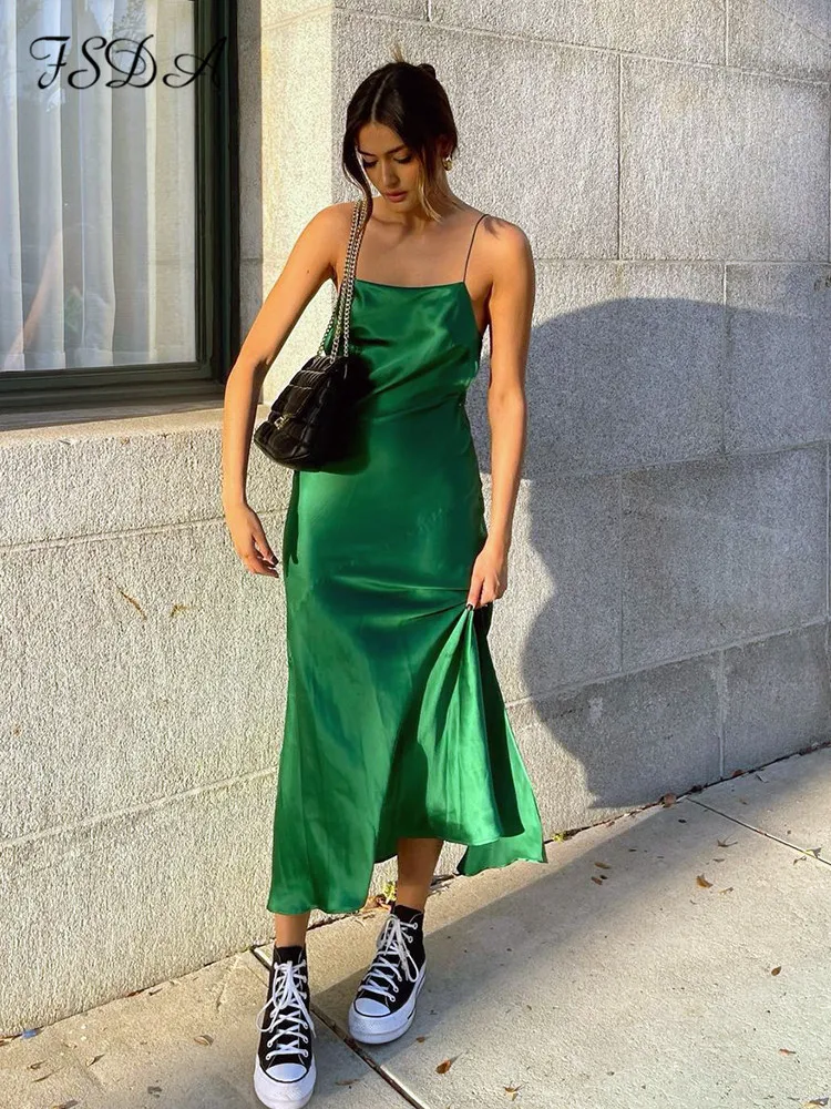 FSDA – robe mi-longue en Satin vert, dos nu, sans manches, épaules dénudées, Sexy, moulante, tenue de soirée, été, 220613