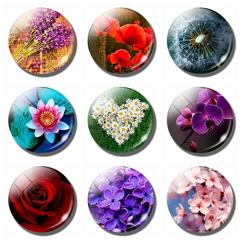 Flower 30MM Glass Fridge Magnet Rose Dandelion Poppy Lotus Cherry Blossoms Orchid Daisy Whiteboard Refrigerator Magnets