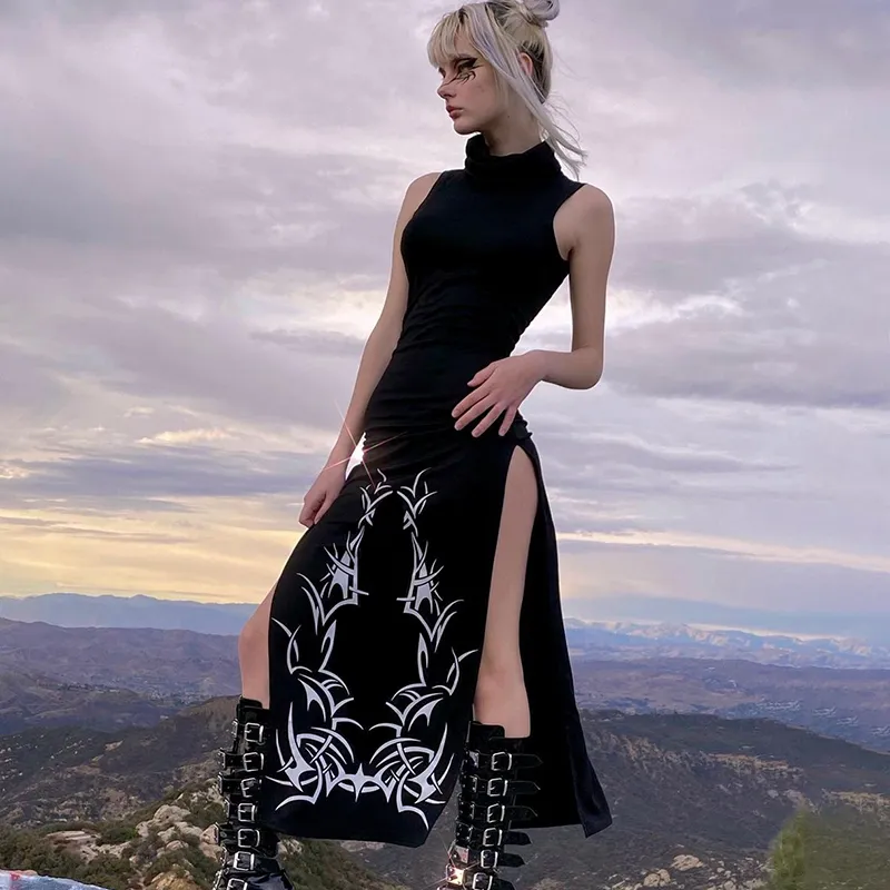 Iamsure Dark Split Side Side Summer Dress Gothic Sexy Slim Slim Turtleneck Рукока