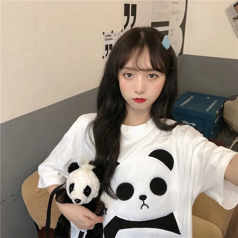 Japanese Roul Reound Round Slave Shirts T Camisetas Mulheres Algodão Hailável Kawaii Panda Bordado Tops Harajuku Tshirt Tee 220721