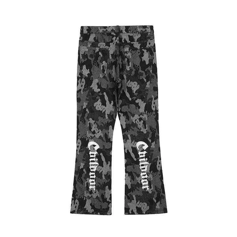 Retro Hip Hop Straight Leopard Patchwork Back Letter Casual Mens Denim Trousers Streetwear Casual Loose Harajuku Jeans Pants T220803