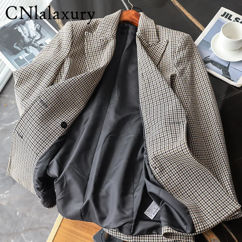 Cnlalaxury Women Office Wear Double Breched Plaid Blazer Coat Vintage Lengeve Sleeve Pocket Memale Jacket Outerwear Chic Tops 220726