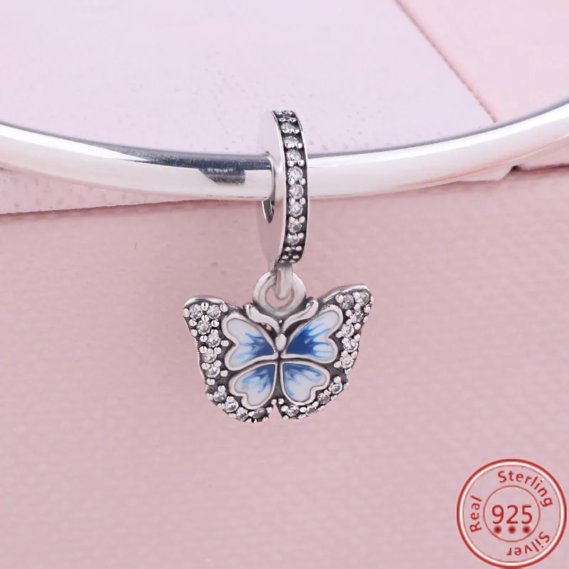 925 Sterling Silver Ciondola Charm Sky Blue Pave Farfalla Fiori Delicati Perline Bead Fit Pandora Charms Bracciale Gioielli fai da te Accessori