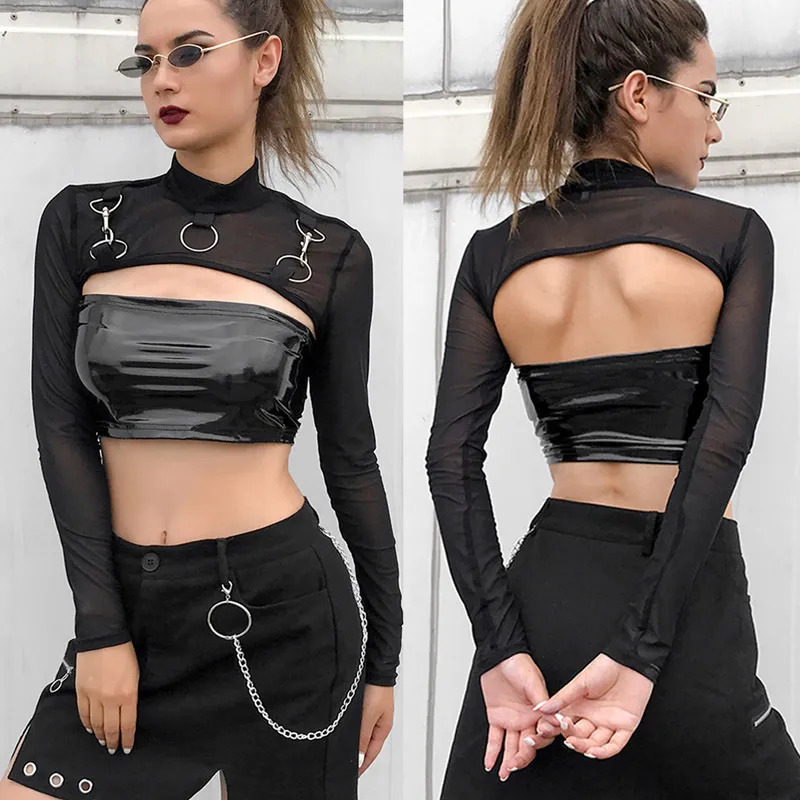 Camiseta Kayotua Sexy Hip Hop Gothic Lady Micro Cadeia de metal curta renda See-through Mesh Mangueta longa Turtleneck Tops 220518