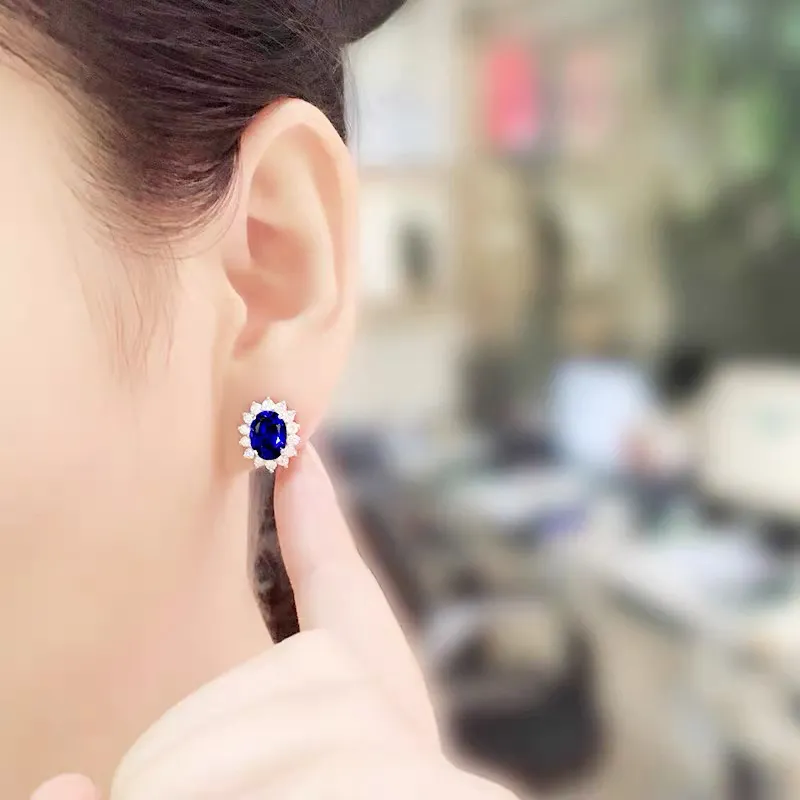 Luxury lab Sapphire Stud oorbellen Originele Sterling Silver S925 Sieraden Natural Blue Zirconia Gemstone bruiloft oorbellen voor vrouwen