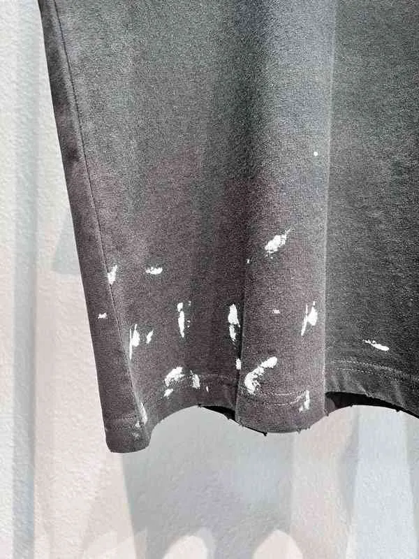 Ballencigss T Shirt Version b Family High 2024 Water Wash Ink Jet Paris Worn Out Fixed Weave Dye Print Short Sleeve Loose Men's Women's VDJ4