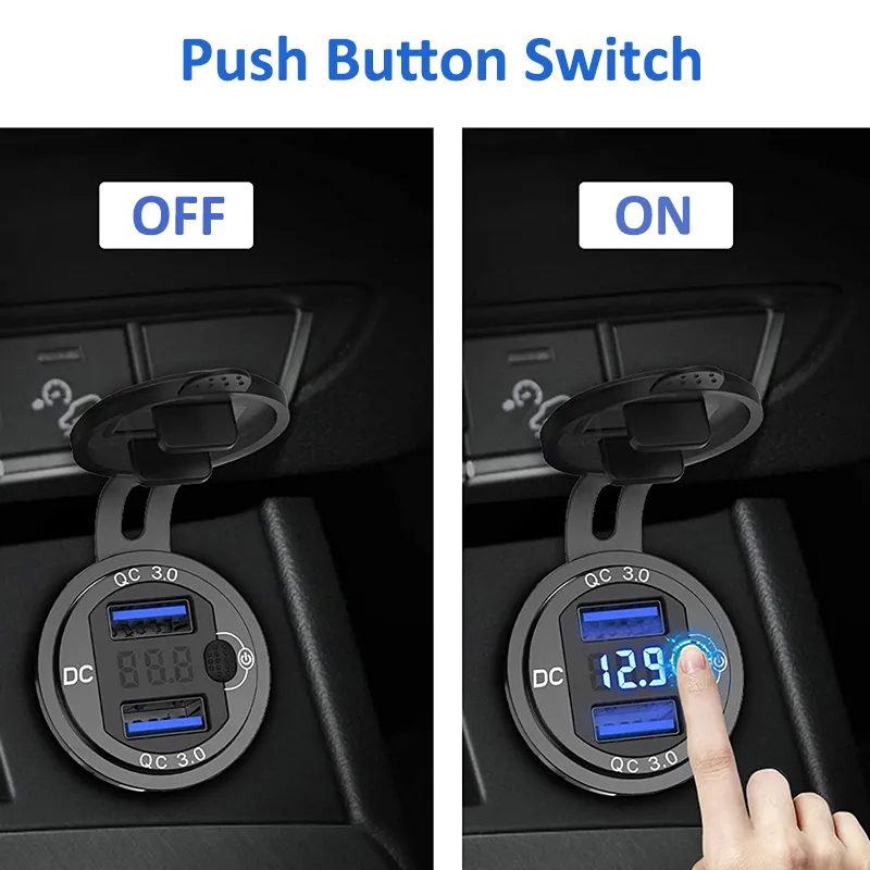 Quick Charger Aluminium QC3.0 Двойное USB -автомобильное зарядное устройство с кнопкой кнопки переключателя Светодиодное напряжение для мотоцикла автомобилей 12 В/24 В.