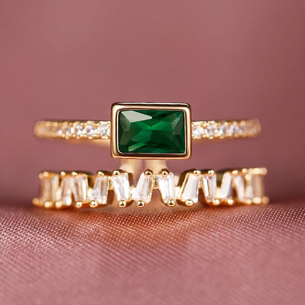 Fashion Simple 2ROWS Green Cubic Zirconia Gold Filled Party Promise Finger Rings for Women Wedding Bridal Engagement Jewelry Lover8329771
