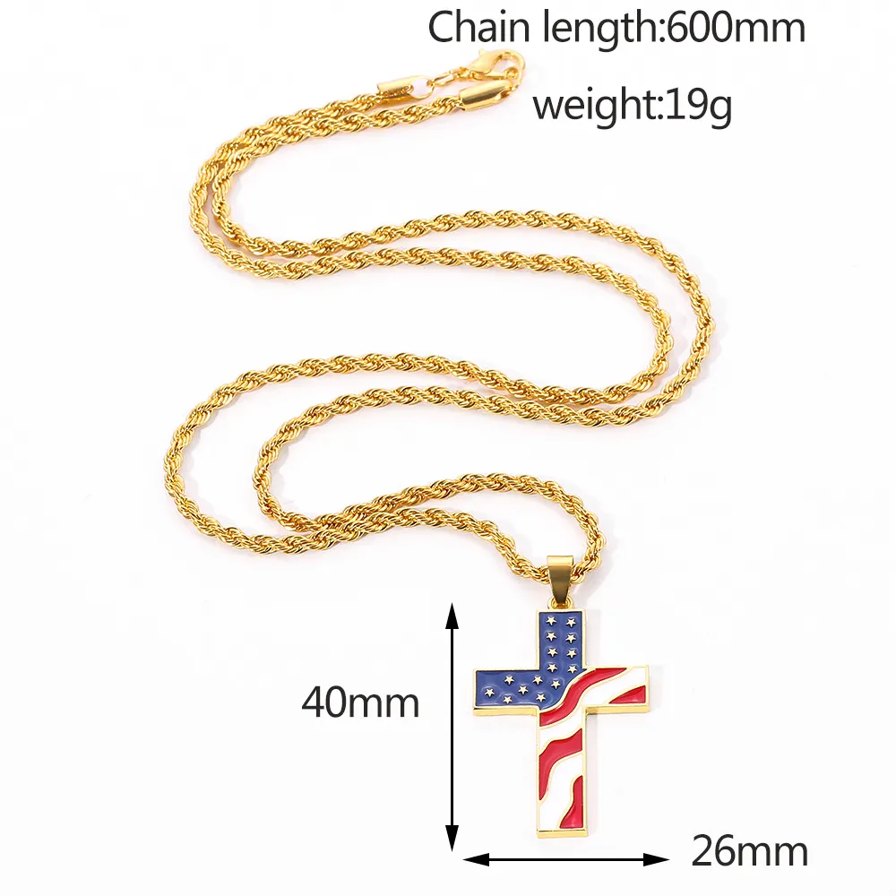 Colliers avec pendentif croix étoiles et rayures américaines, en acier inoxydable, drapeau américain, accessoires de bijoux à la mode avec chaîne