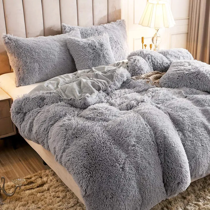 / set moderne luxueux moelleux fausse fourrure housse de couette avec taie d'oreiller couleur unie confortable longue peluche hiver ensembles de literie sans feuille 220423