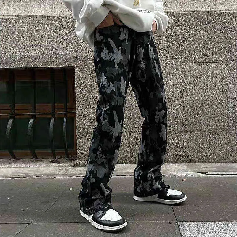Retro hip hop düz leopar patchwork arka mektup gündelik erkek denim pantolon sokak kıyafetleri rahat gevşek harajuku kot pantolon t220803