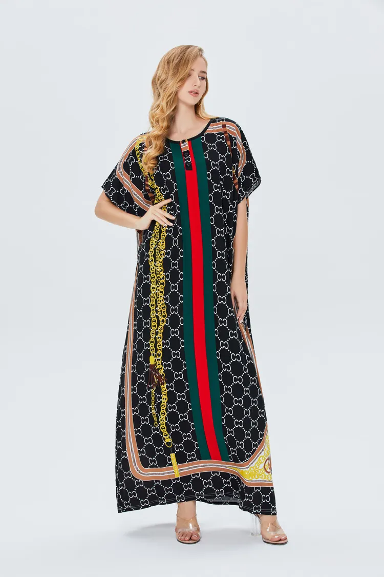 Women's Long Muslim Fashion Dress Plus Size Patchwork Casual Loose Short Sleeve ONeck Maxi Dress Female Arabic Robe 220527