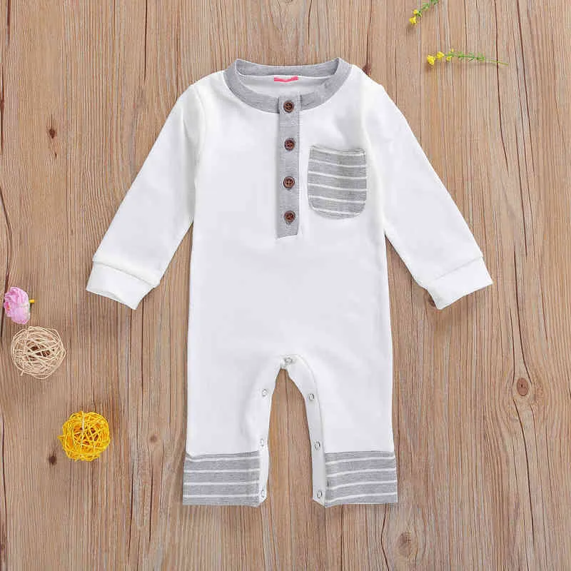 Nouveau-né bébé rayé barboteuse avec poche à manches longues col rond combinaison infantile enfant en bas âge enfants printemps automne tenue G220521