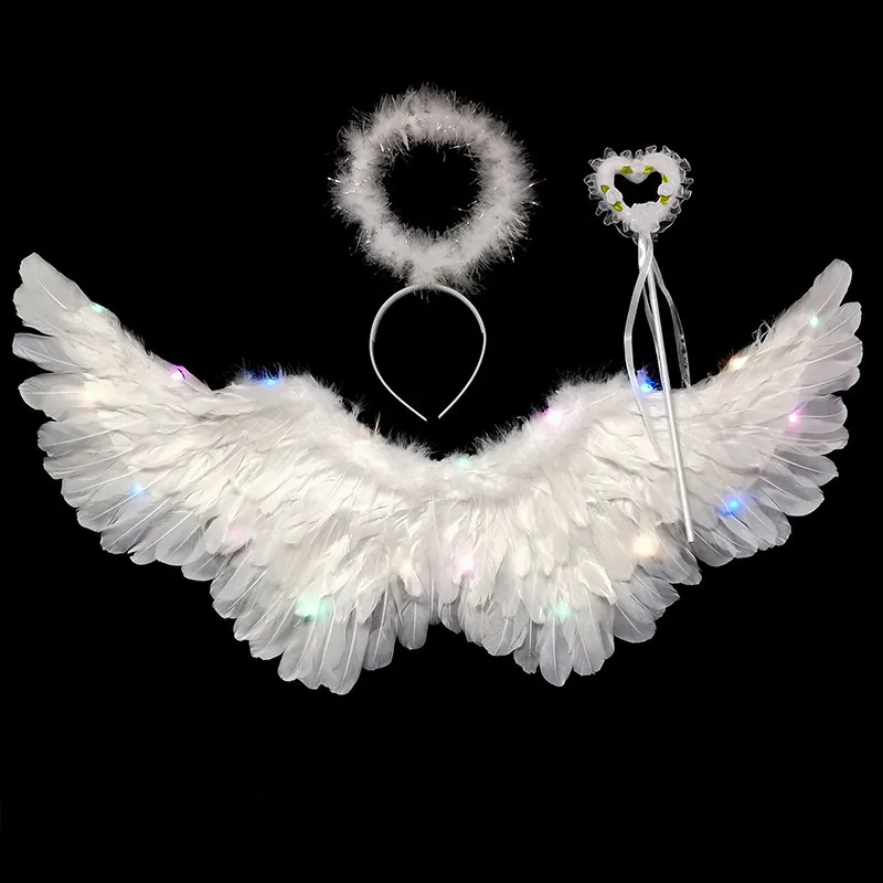 LED światła białe czarne skrzydła z piór anioła halloween dekoracja kobiet dziecięcy dziewczyna cosplay rekwizyty taneczne Halloween urodziny 220527