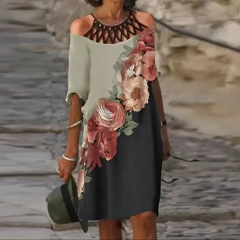 ファッションレトロな印刷の女性のドレスセクシーなVネック半袖ルースビーチホームウェアドレス夏のカジュアルな快適な女性モデルドレス220406