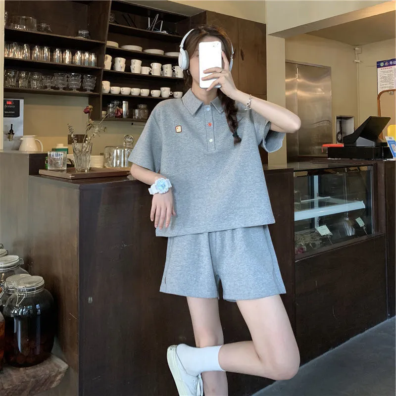 Kvinnor Solid Casual Sportswear Suit Summer Short Sleeve Polo Shirts Shorts Set mode kvinnliga toppar Straight Pant Matching Outfit