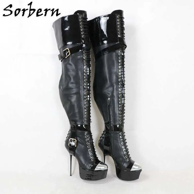 Sorbern 14cm metalen hak dame laarzen maat EU36 platform schoenen zwart mat midden dij hoge dames boot lange aangepaste brede slanke pasvorm