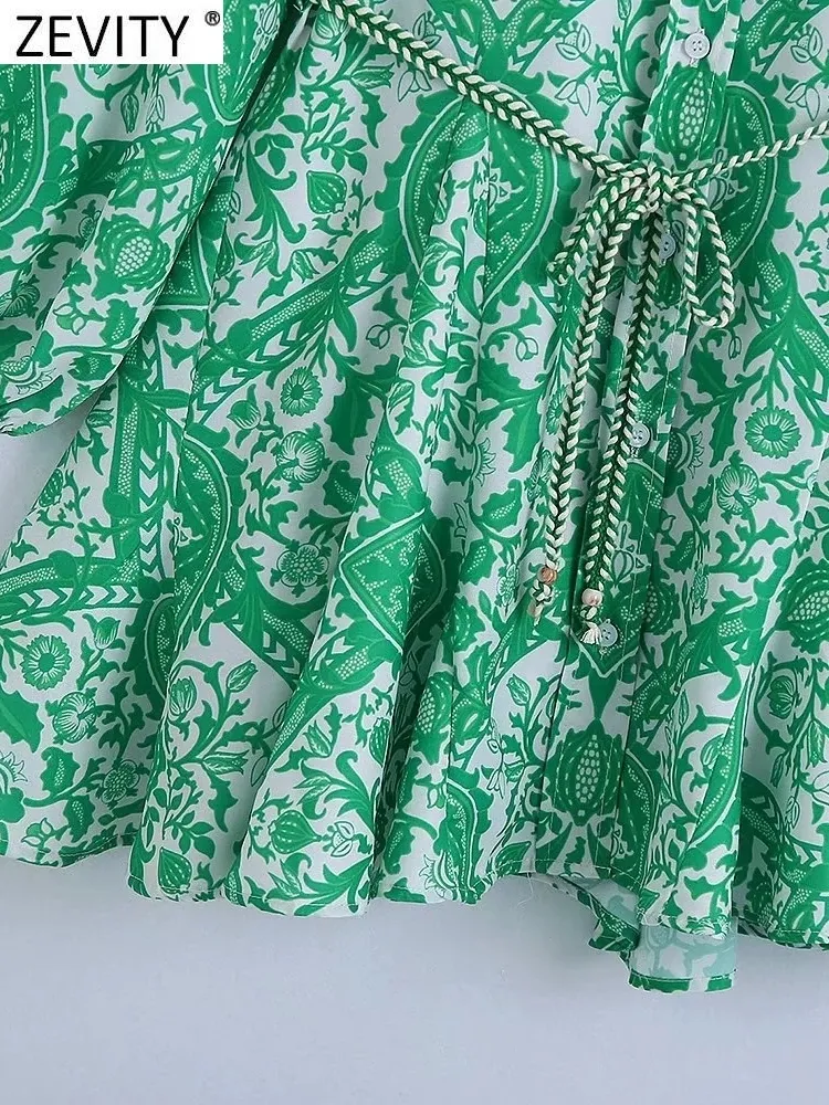 ZEVITY Kadın Moda Paisley Çiçek Baskı Kemer Mini Gömlek Elbise Kadın Şık Rahat Büyük Salıncak Hem Plise Yeşil Vestidos DS9353 220517