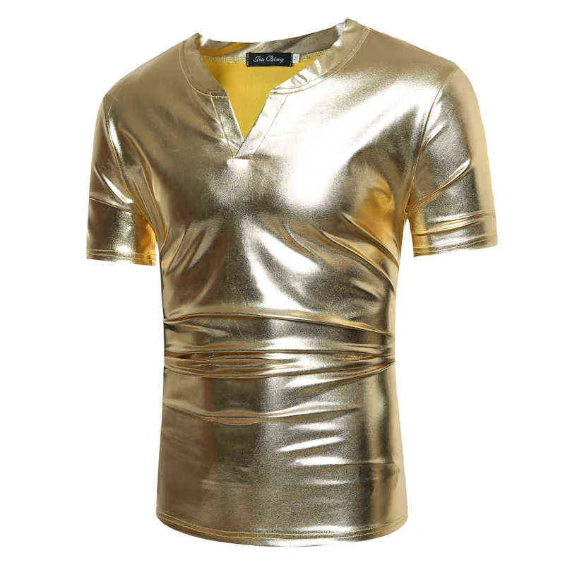 반짝이는 금 금속 짧은 슬리브 티셔츠 셔츠 남자 힙합 스트리트웨어 캐주얼 티 셔츠 homme dj 나이트 클럽 v 넥 티셔츠 남자 camiseta l220704