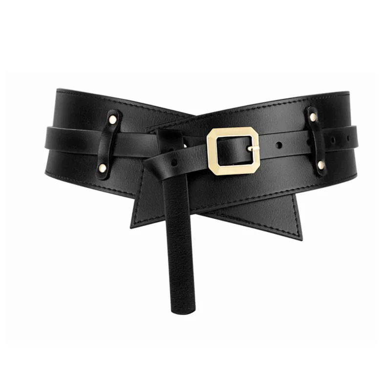 Knot Belts For Coat Khaki Super Wide Cummerbunds Dress Black Soft Pu Leather Waistbands Sexy Gold Pin Buckle Waist Seal Lady 220428