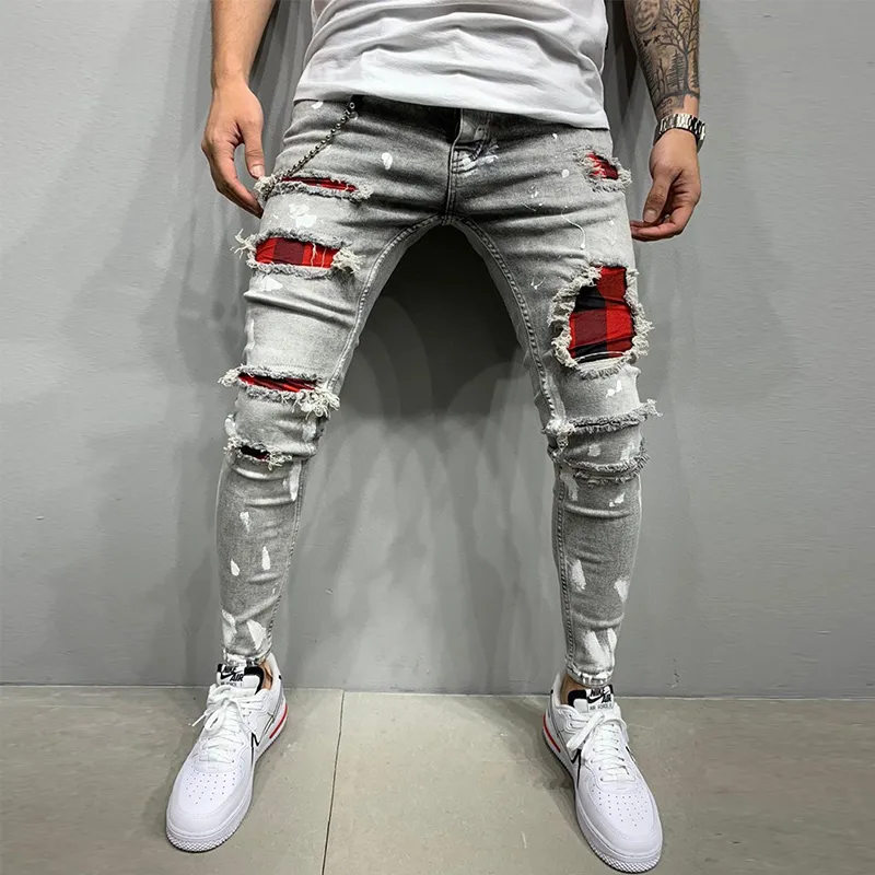 Mannen Geschilderd Stretch Skinny Jeans Slim Fit Ripped Distressed Geplooide Knie Patch Denim Broek Merk casual broek voor mannen 220726