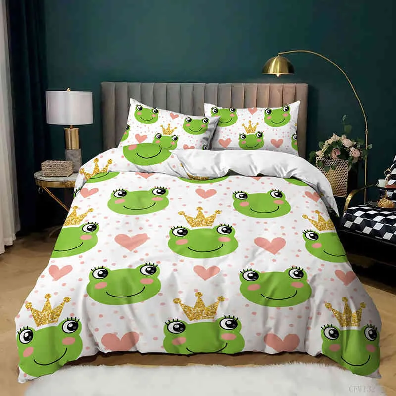 Animal Frogs dekbedoverdek set koningin zacht lichtgewicht polyester microfiber cartoon kikker patroon beddengoed voor kinderen jongens meisjes