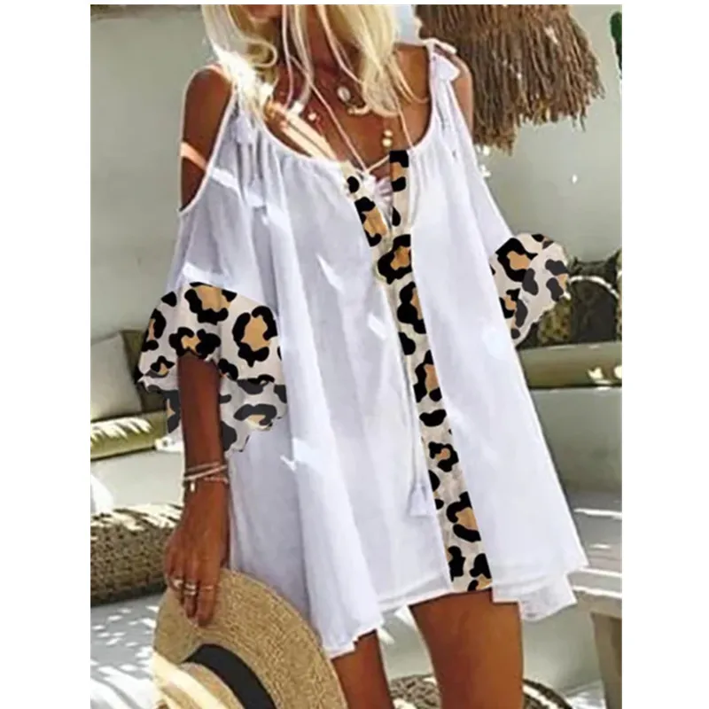 Summer Womens Leopard Print Tops Casual Loose Offshoulder Large Size Top Tshirt Fashion Trend Solid Color Midi Sleeve 220526