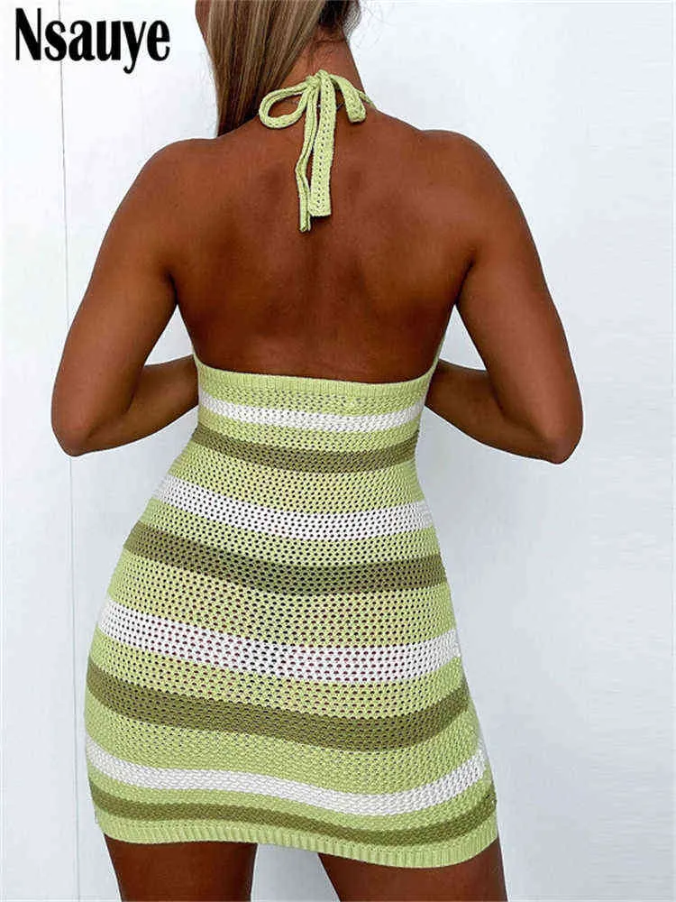 Nsauye 2022 tricoté décontracté hors épaule licou Sexy moulante Mini robe été plage fête vacances femmes Wrap vert robe d'été Y220413
