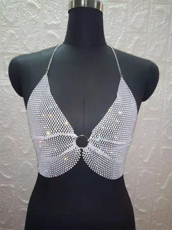 Женщины Clubwear Flash Diamond Grid Sexy Top Camis Летняя сетка Bralette Beach Club Носить Кристалл S 220325