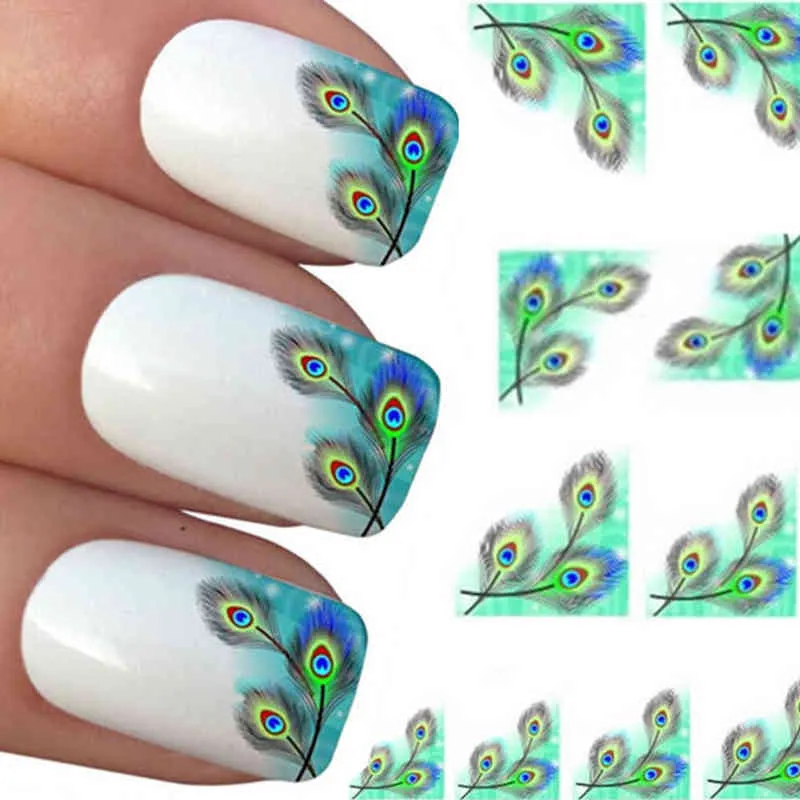 NXY Temporary Tattoo 3 Sheets Diy Peahen Feather Nail Wraps 3d Fingernail Stickers Water Transfers Deco Art Sticker & Decal 0330