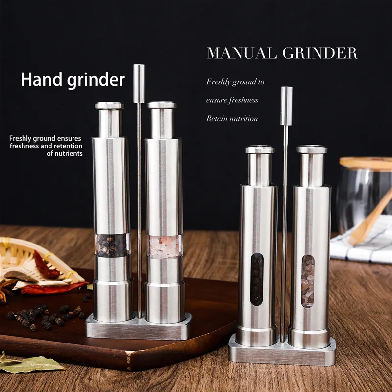 Manual Salt and Pepper Grinder Set Thumb Push Pepper Mill Stainless Steel Spice Sauce Grinders With Metal Holder Kitchen Tool 220510