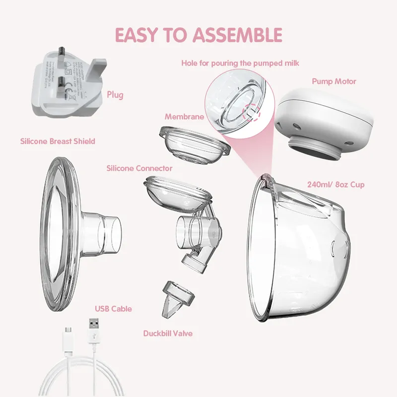 YOUHA 2 Ensembles Portable Mains Libres Électrique Portable Wearable Breast Cup 8oz/ 240ml Sans BPA 3 Modes 9 Niveaux d'Aspiration 220524