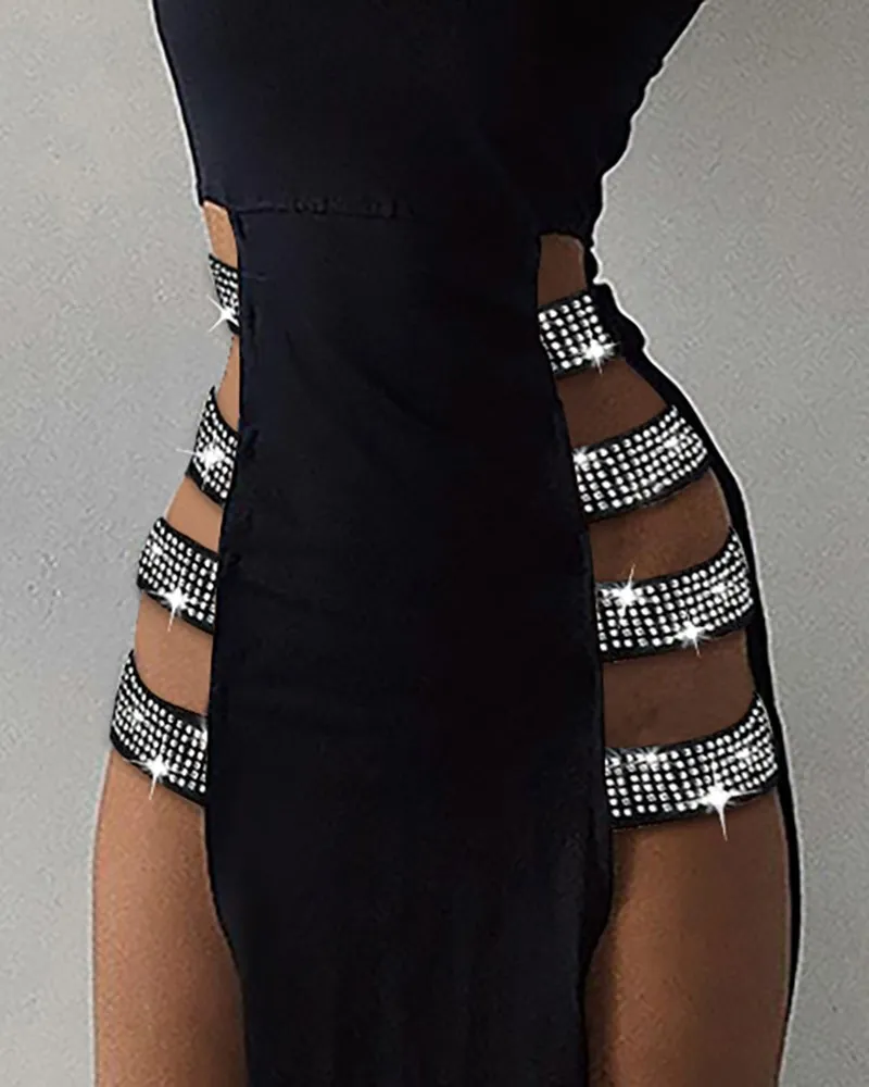 Hirigin Women Sexy Dress Elegancka dama bez rękawów Mocny szyja Studded Bandage Side High Slit Cutout Night Club Dressessin Friendly 220521