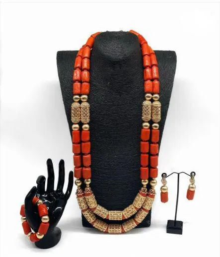 Nigeria Bruiloft Sieraden Handgemaakte Originele Koraal Afrikaanse Kralen Sieraden Set Goud Dubai Vrouwen Kostuum Sieraden Set Coral Party ABG8 224986429